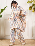 InWeave Off White Orange Black Ikkat Print Tie Neck Kaftan Boho Set