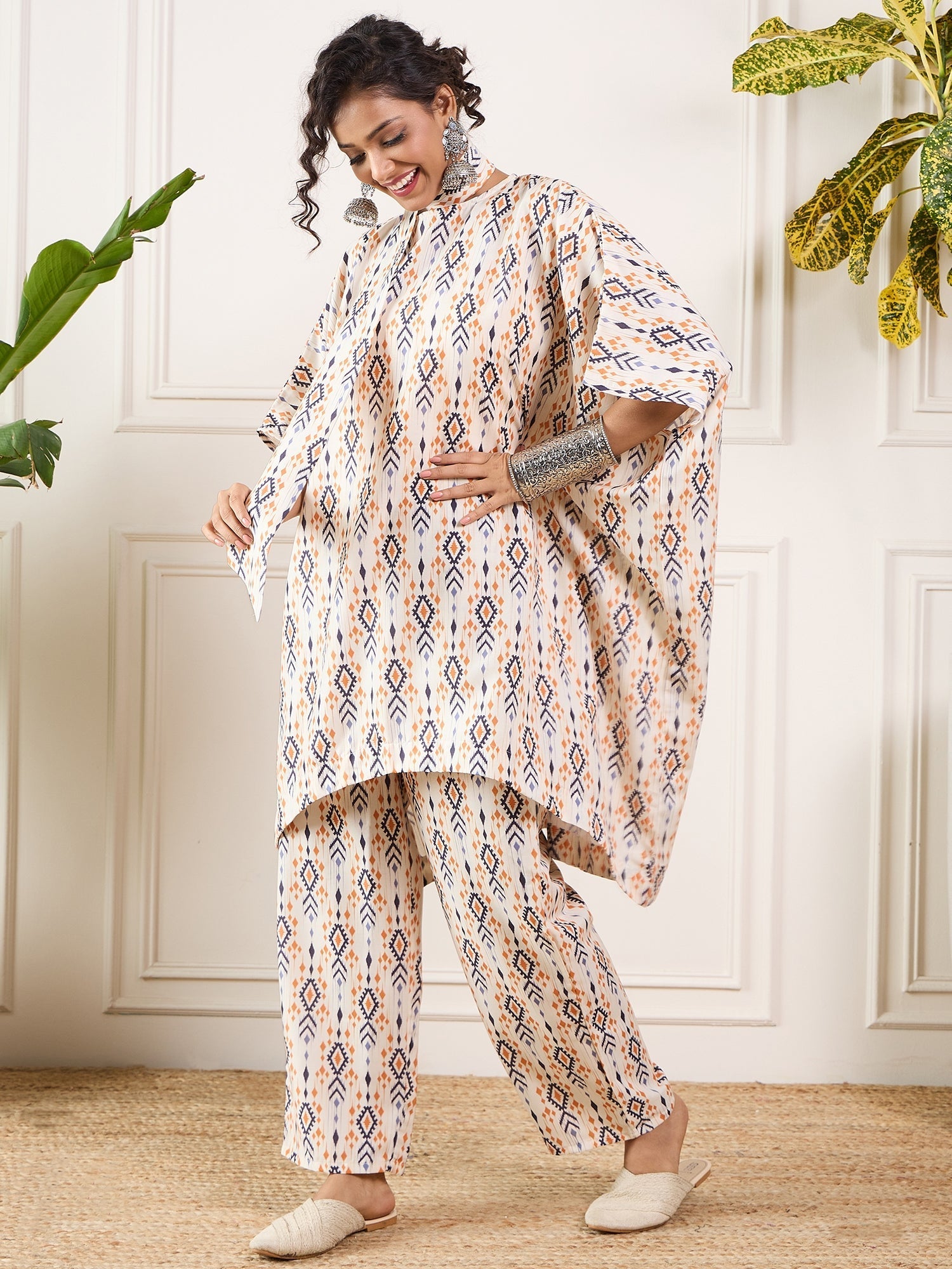 InWeave Off White Orange Black Ikkat Print Tie Neck Kaftan Boho Set