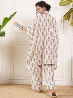 InWeave Off White Orange Black Ikkat Print Tie Neck Kaftan Boho Set