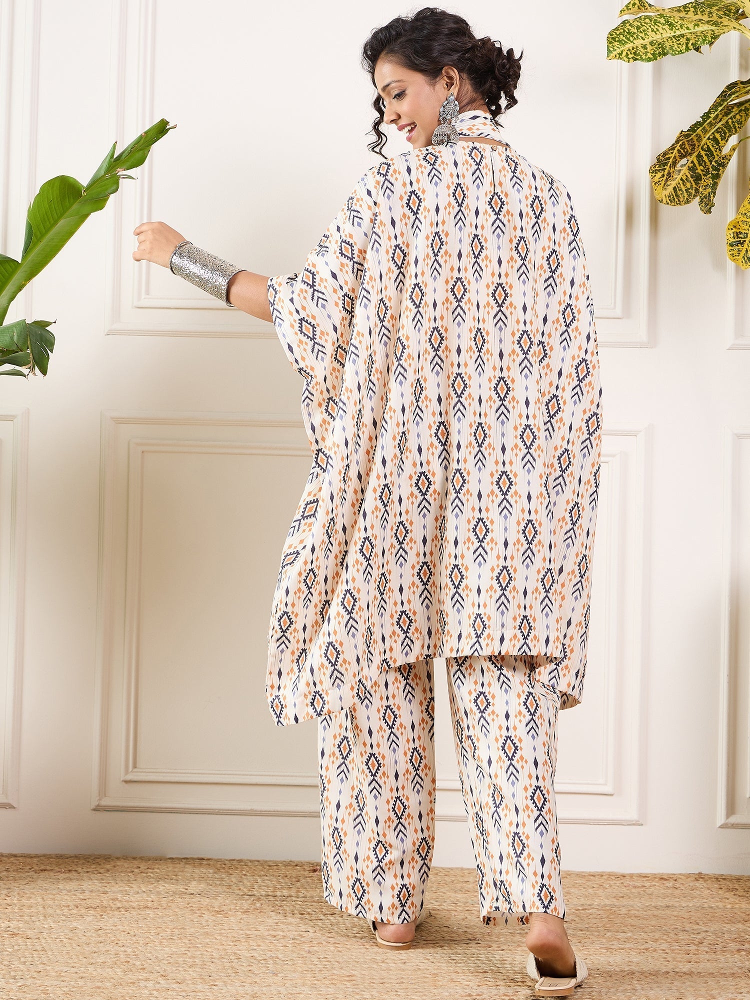 InWeave Off White Orange Black Ikkat Print Tie Neck Kaftan Boho Set
