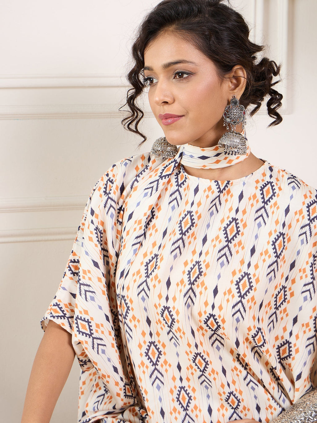 InWeave Off White Orange Black Ikkat Print Tie Neck Kaftan Boho Set