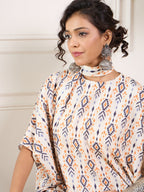 InWeave Off White Orange Black Ikkat Print Tie Neck Kaftan Boho Set