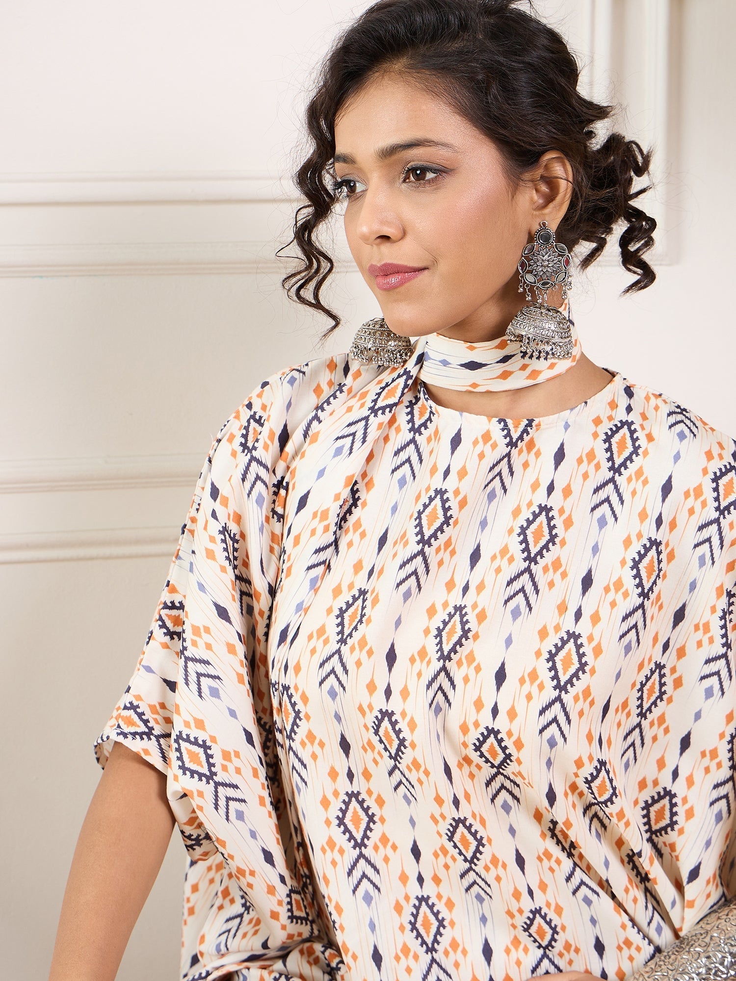 InWeave Off White Orange Black Ikkat Print Tie Neck Kaftan Boho Set