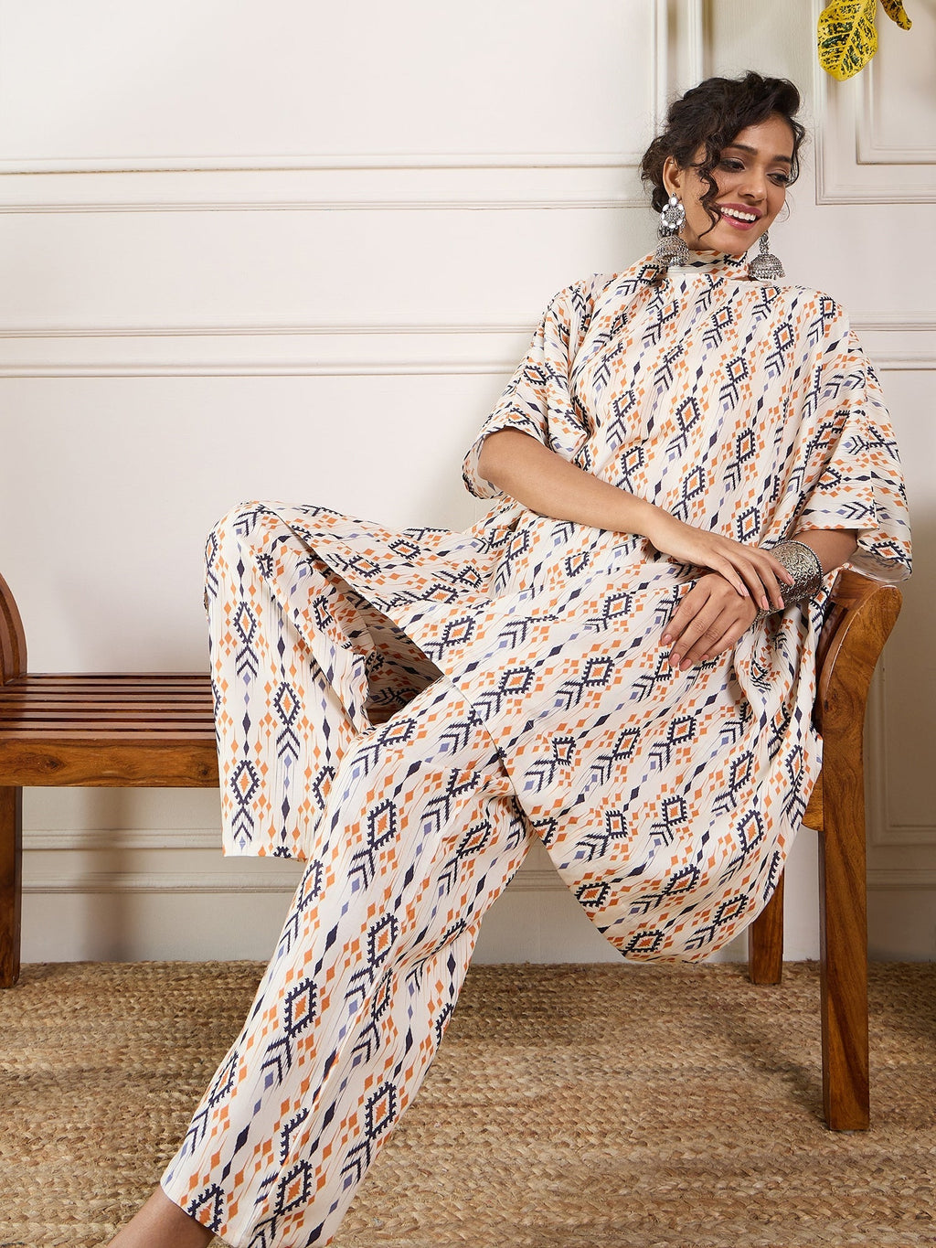 InWeave Off White Orange Black Ikkat Print Tie Neck Kaftan Boho Set