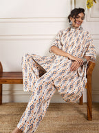 InWeave Off White Orange Black Ikkat Print Tie Neck Kaftan Boho Set