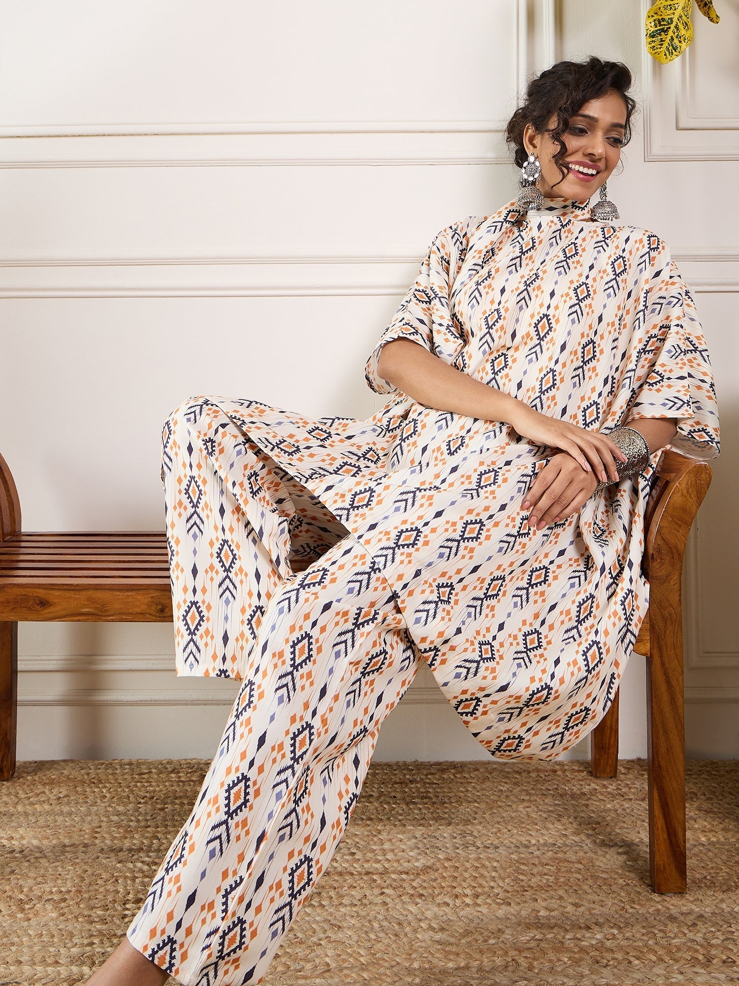 InWeave Off White Orange Black Ikkat Print Tie Neck Kaftan Boho Set