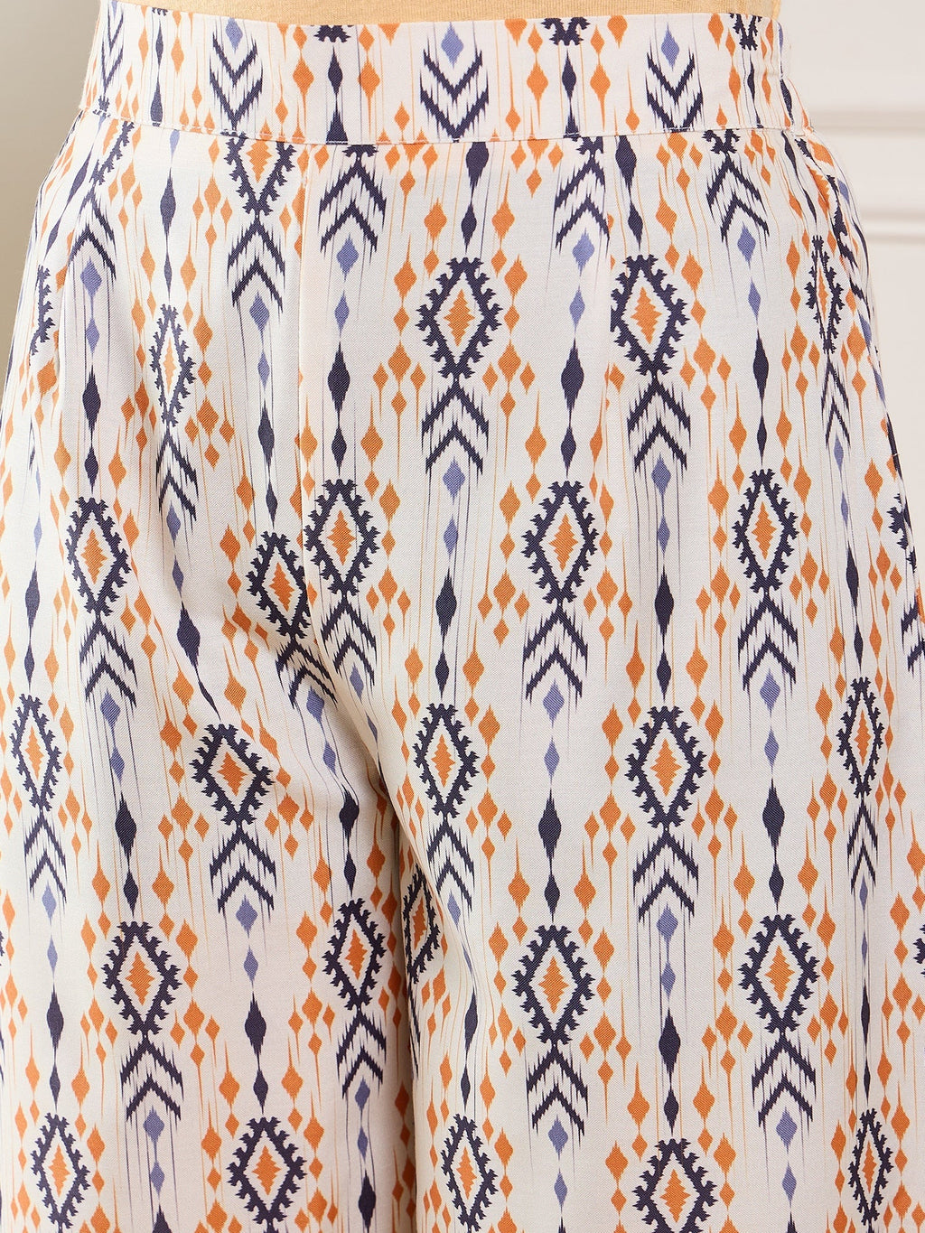 InWeave Off White Orange Black Ikkat Print Tie Neck Kaftan Boho Set