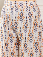 InWeave Off White Orange Black Ikkat Print Tie Neck Kaftan Boho Set