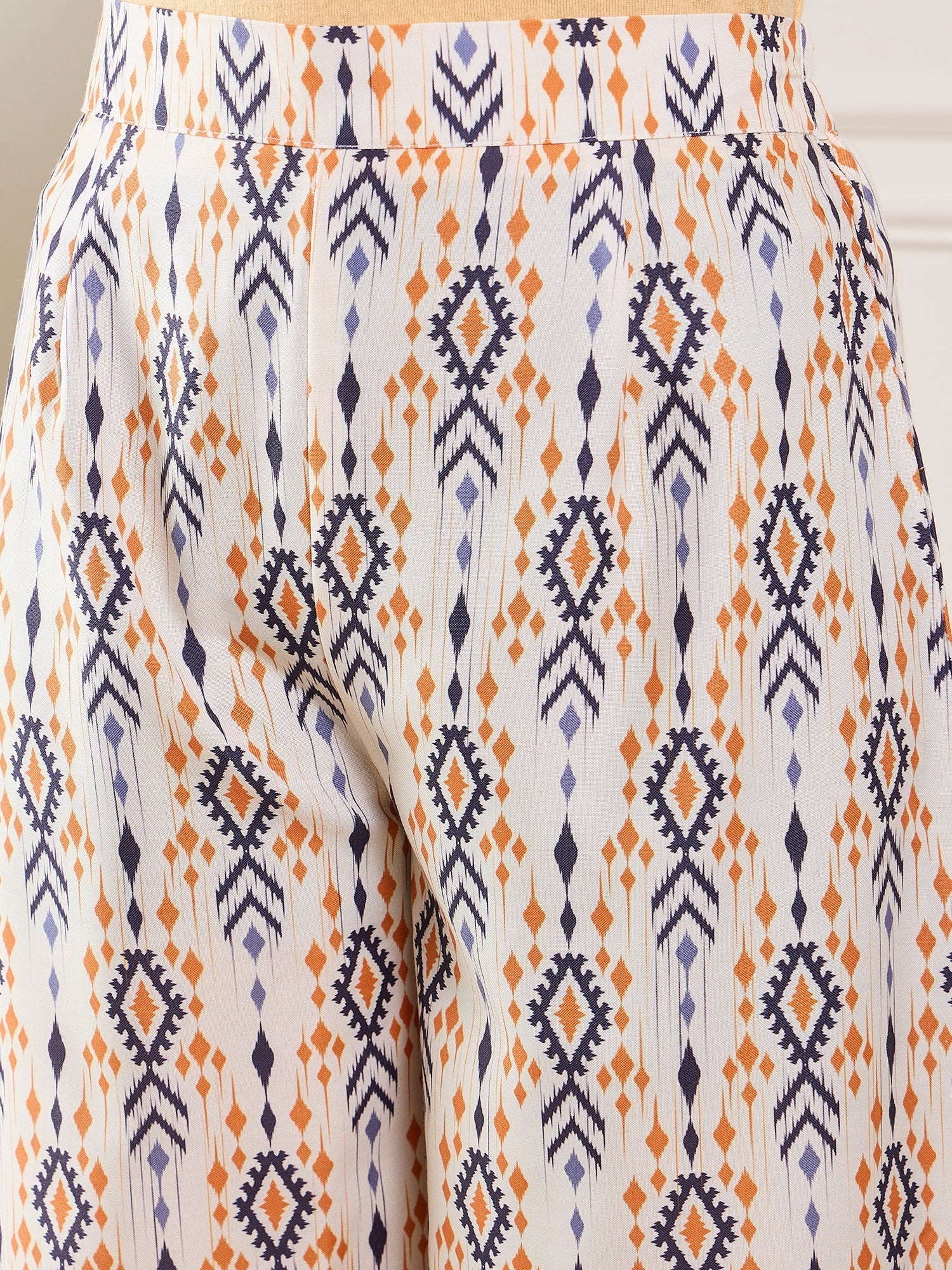 InWeave Off White Orange Black Ikkat Print Tie Neck Kaftan Boho Set