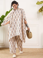 InWeave Off White Orange Black Ikkat Print Tie Neck Kaftan Boho Set