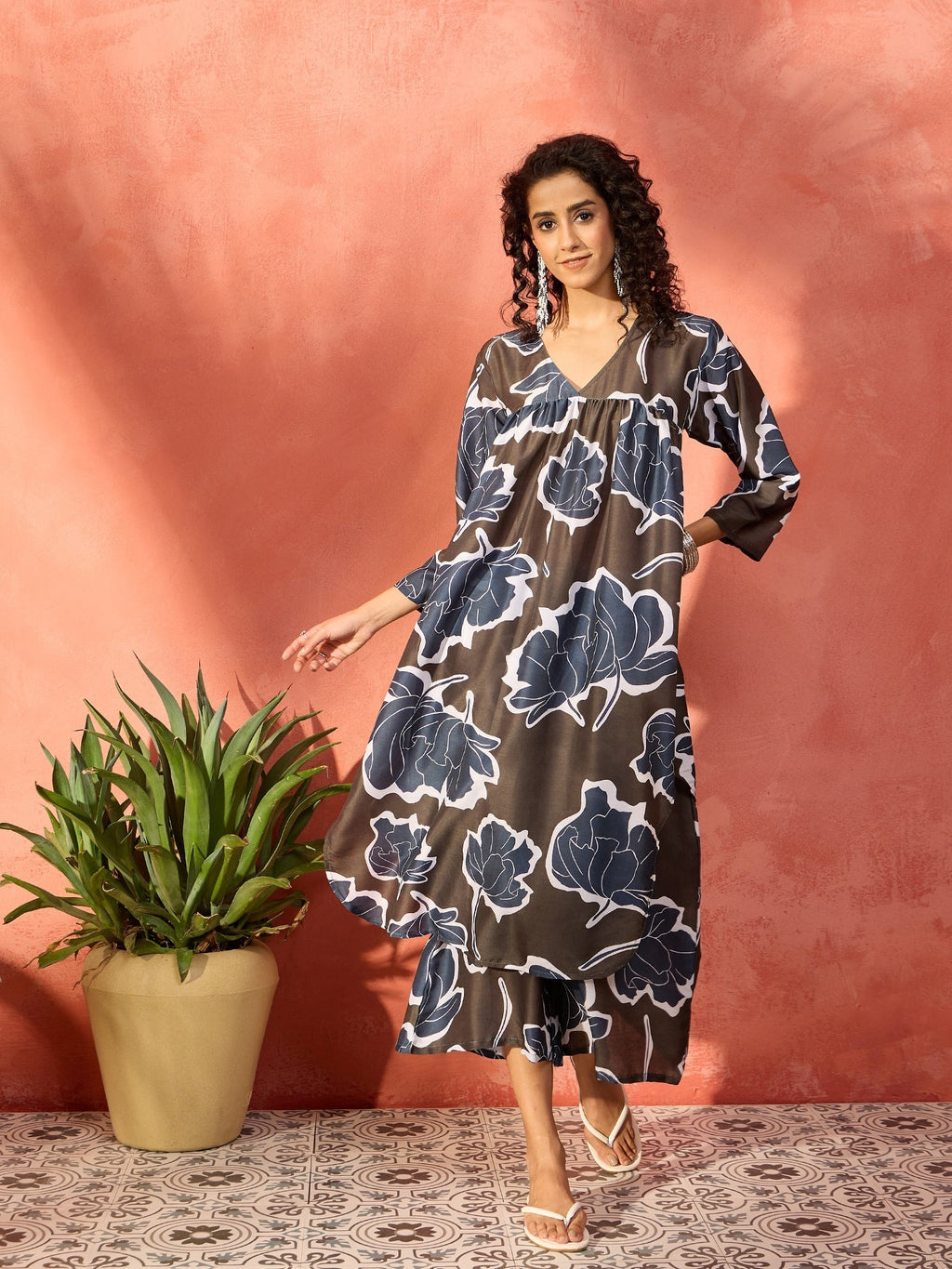 InWeave Mehendi Green Dark Teal Rose V Neck Flared Kurta Set