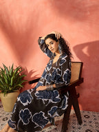 InWeave Mehendi Green Dark Teal Rose V Neck Flared Kurta Set
