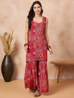 InWeave Orange Red Unique Foil Sweetheart Neck Sharara Set - Distacart