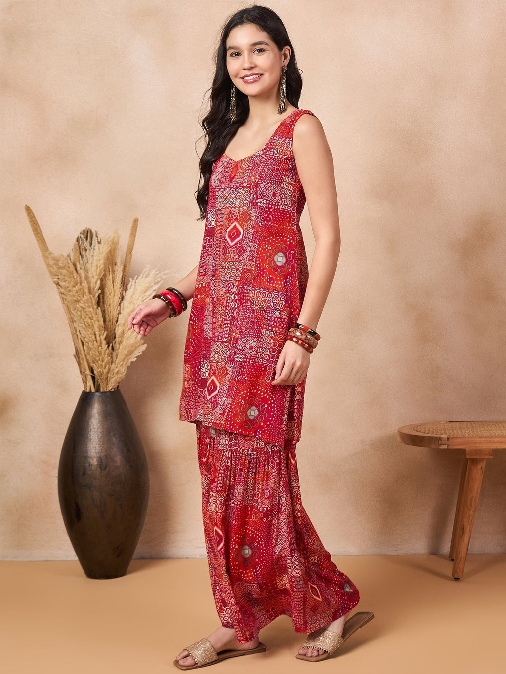InWeave Orange Red Unique Foil Sweetheart Neck Sharara Set - Distacart