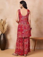 InWeave Orange Red Unique Foil Sweetheart Neck Sharara Set - Distacart