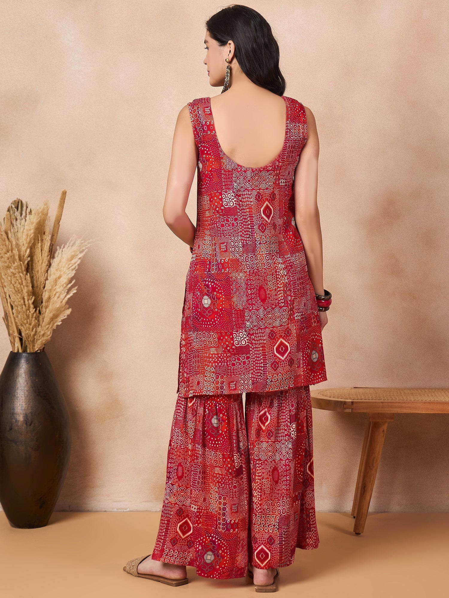 InWeave Orange Red Unique Foil Sweetheart Neck Sharara Set - Distacart