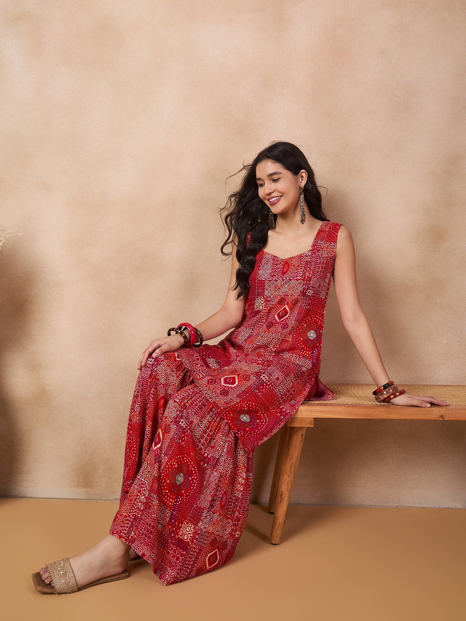 InWeave Orange Red Unique Foil Sweetheart Neck Sharara Set - Distacart