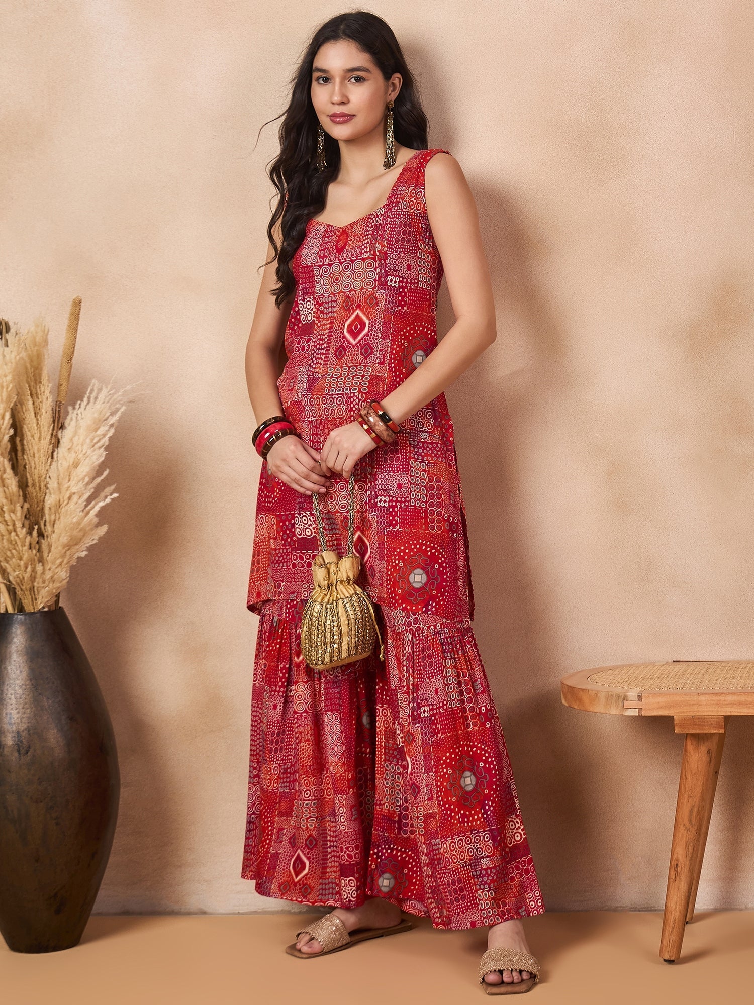 InWeave Orange Red Unique Foil Sweetheart Neck Sharara Set - Distacart