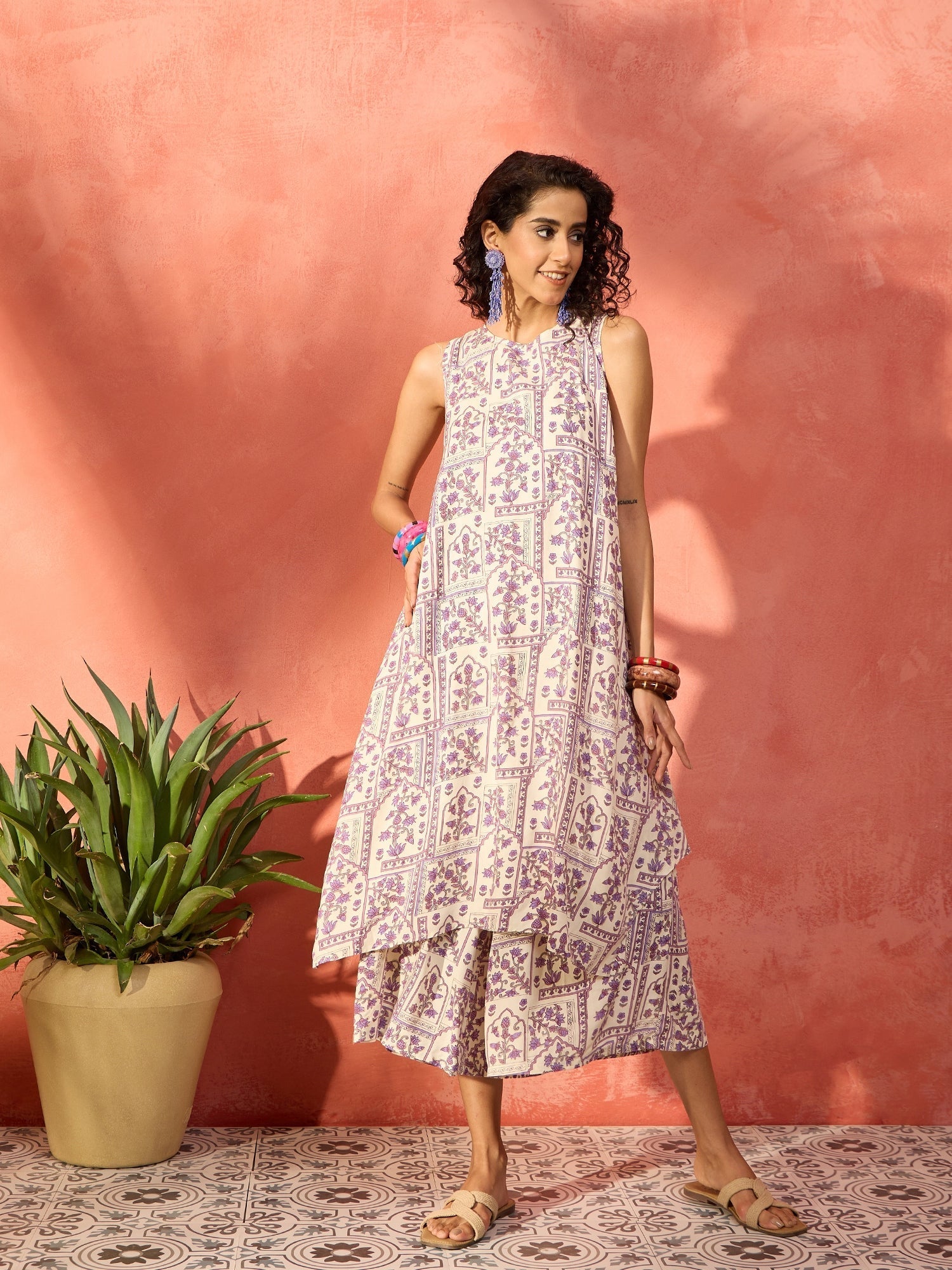 InWeave Mauve Ethnic Window Floral Short Palazzo Kurta Set