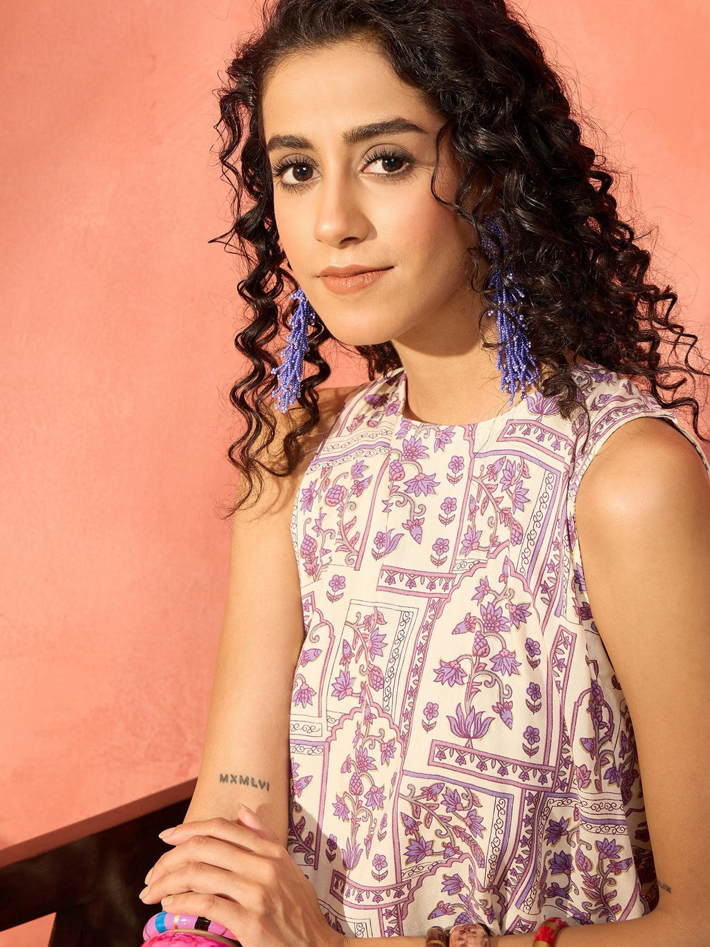 InWeave Mauve Ethnic Window Floral Short Palazzo Kurta Set