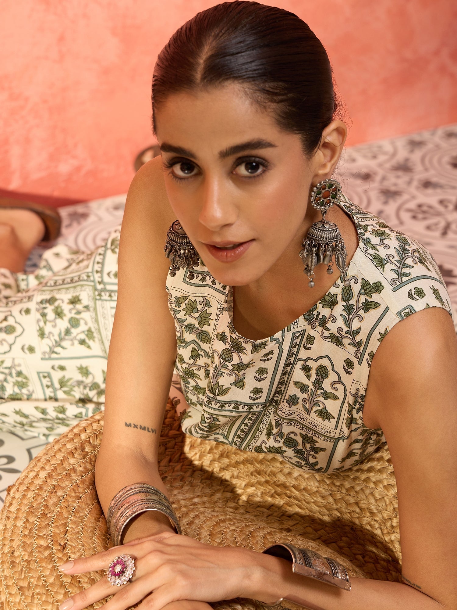 InWeave Sea Green Ethnic Window Floral Short Palazzo Kurta Set