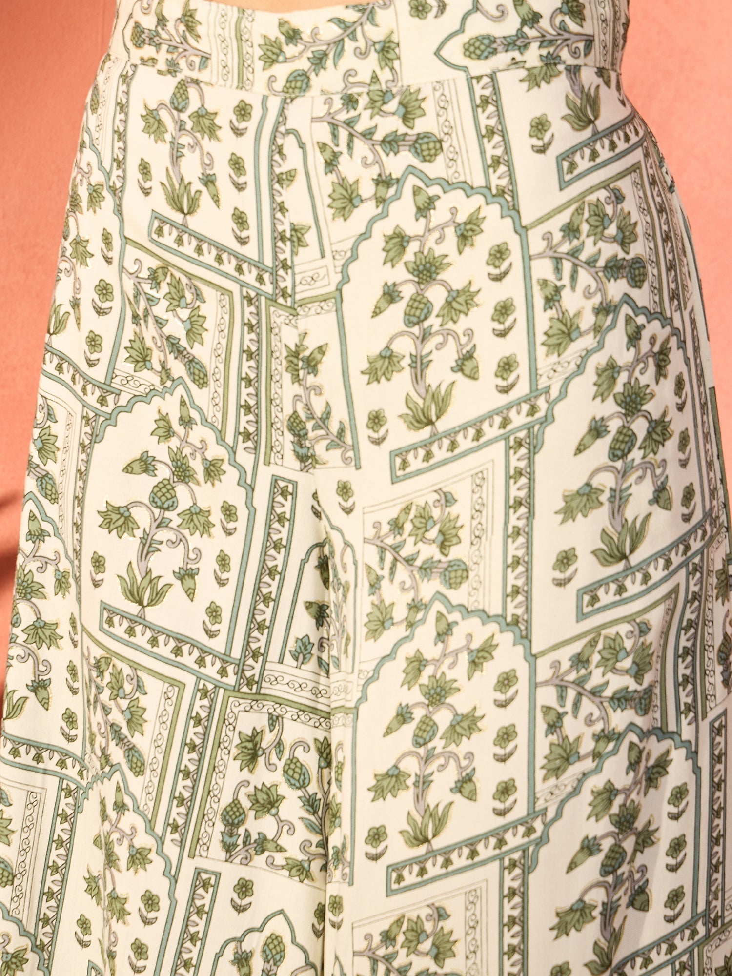 InWeave Sea Green Ethnic Window Floral Short Palazzo Kurta Set