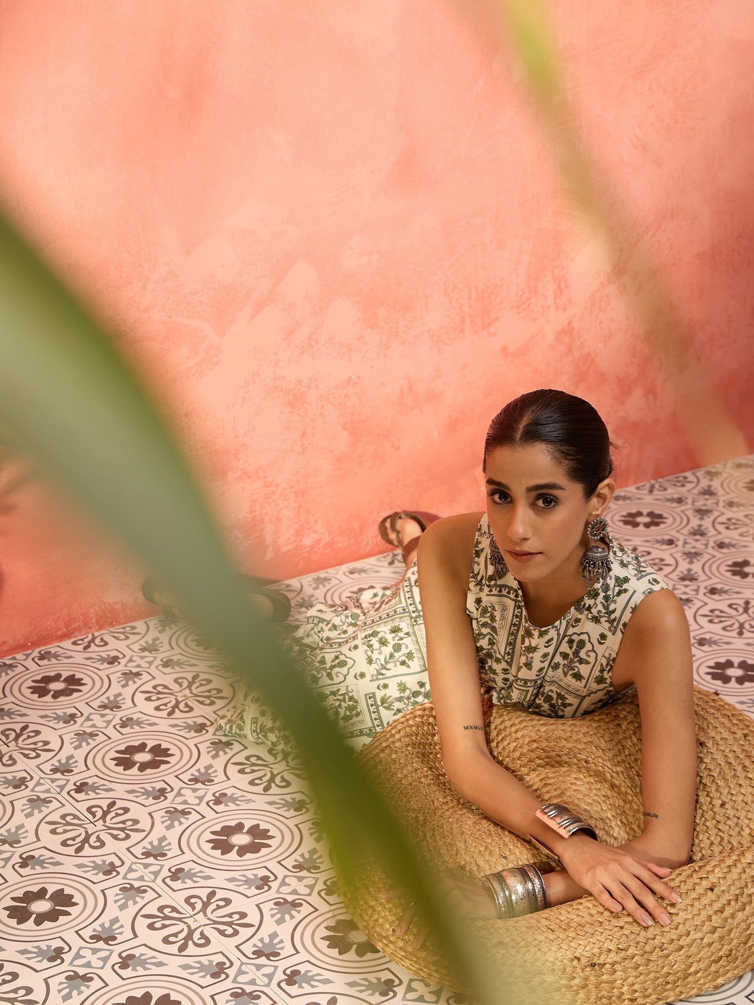 InWeave Sea Green Ethnic Window Floral Short Palazzo Kurta Set