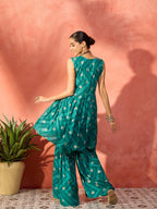 InWeave Dark Teal Foil Boota Round Neck W/S Sharara Set - Distacart