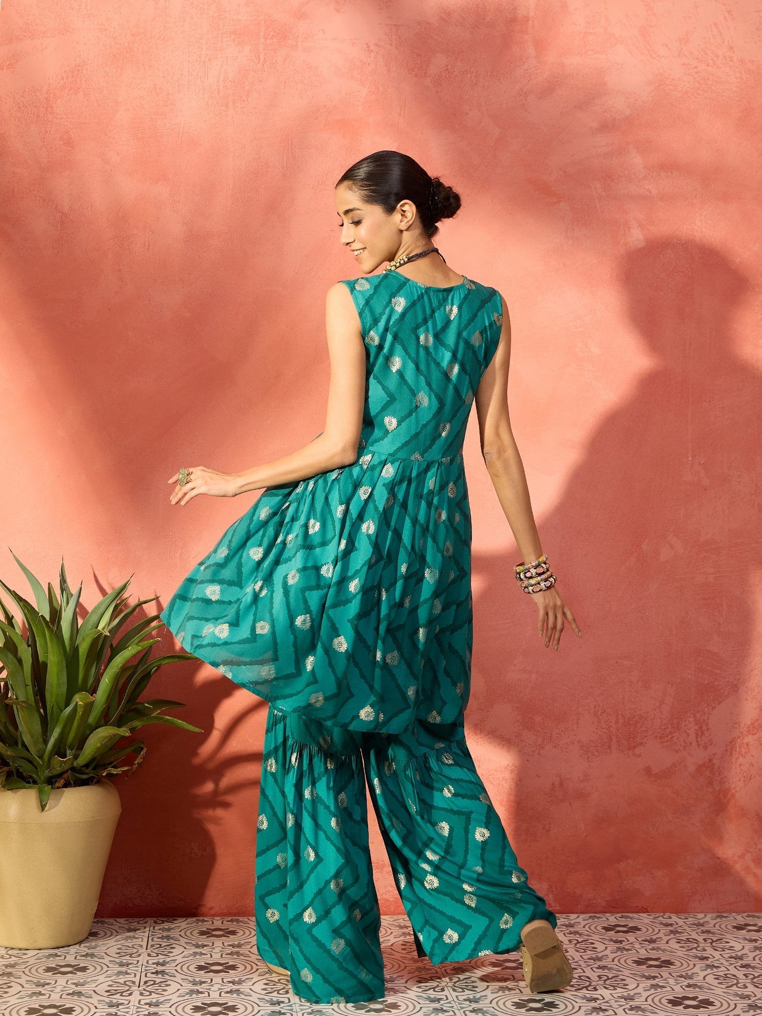 InWeave Dark Teal Foil Boota Round Neck W/S Sharara Set - Distacart
