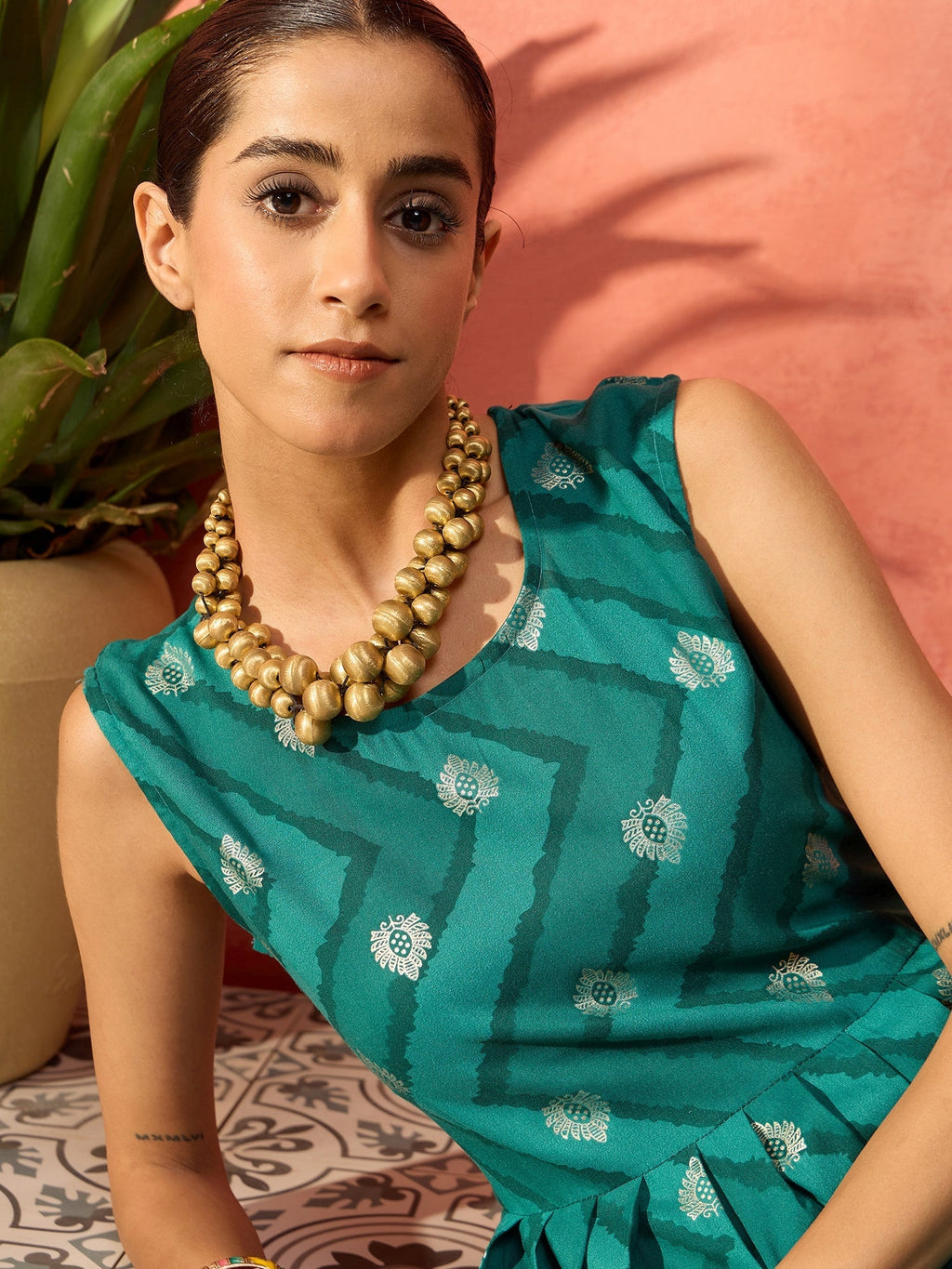 InWeave Dark Teal Foil Boota Round Neck W/S Sharara Set - Distacart