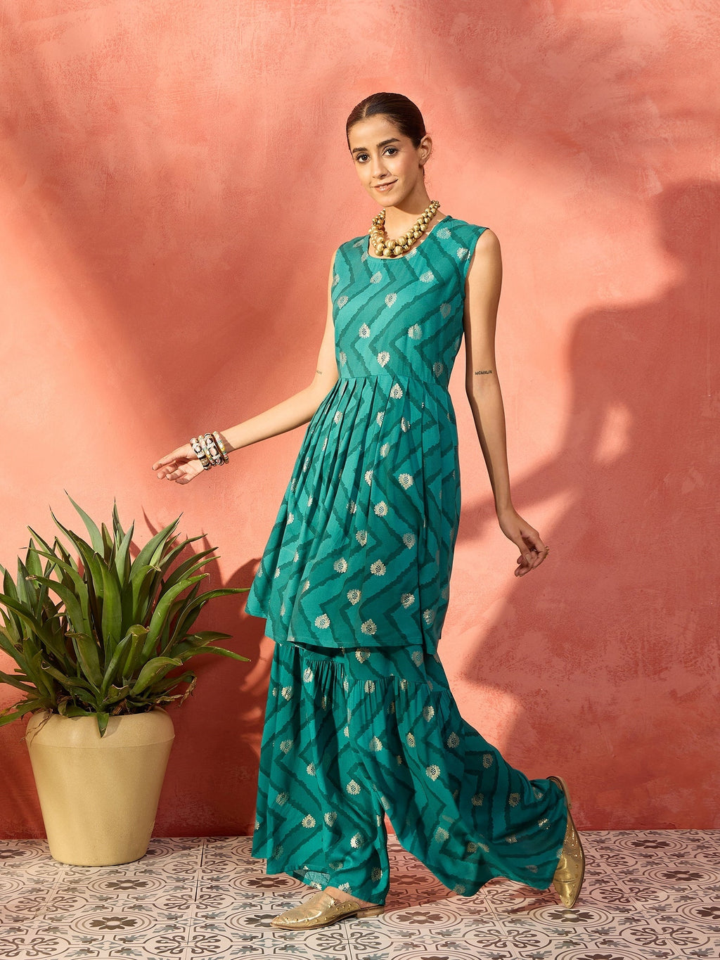 InWeave Dark Teal Foil Boota Round Neck W/S Sharara Set - Distacart