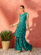 InWeave Dark Teal Foil Boota Round Neck W/S Sharara Set - Distacart