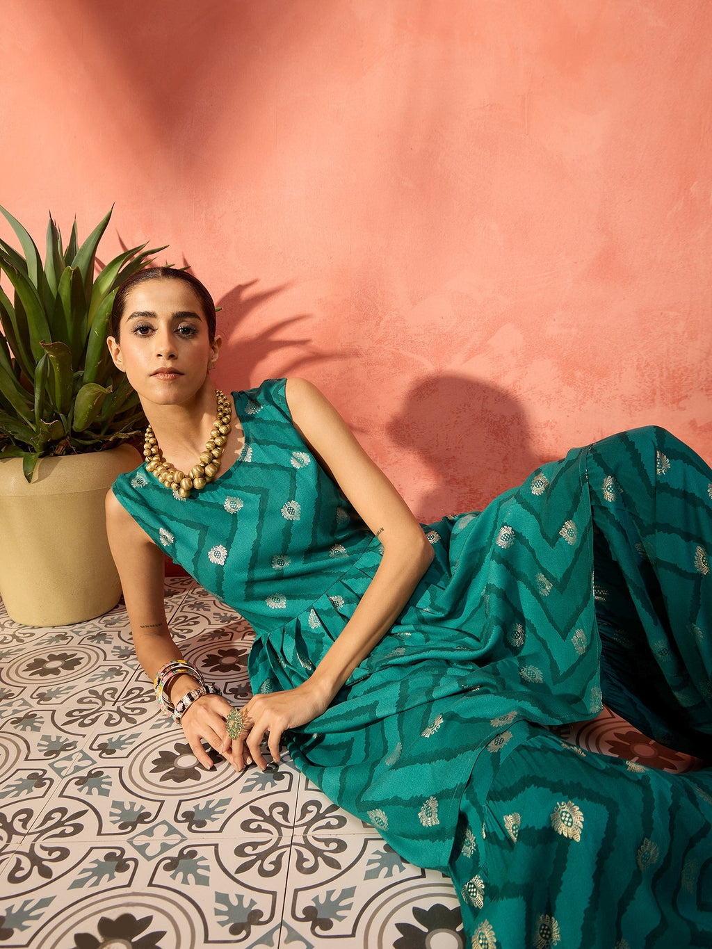 InWeave Dark Teal Foil Boota Round Neck W/S Sharara Set - Distacart