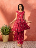 InWeave Maroon Burgundy Foil Boota Round Neck W/S Sharara Set - Distacart