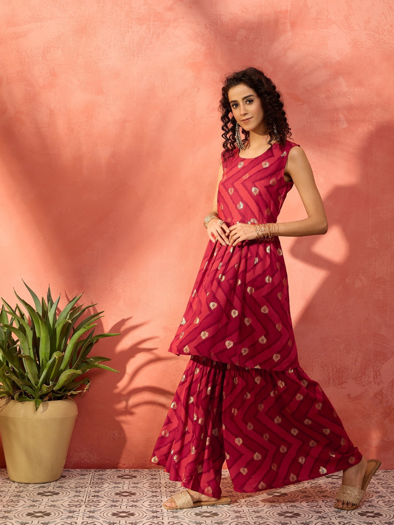 InWeave Maroon Burgundy Foil Boota Round Neck W/S Sharara Set - Distacart