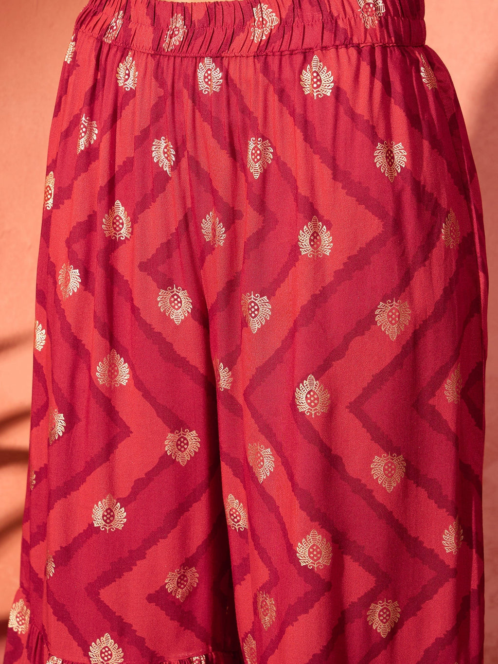InWeave Maroon Burgundy Foil Boota Round Neck W/S Sharara Set - Distacart