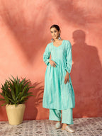 InWeave Mint Green Lurex Sweetheart Neck Short Kurta Pant Set