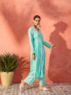 InWeave Mint Green Lurex Sweetheart Neck Short Kurta Pant Set