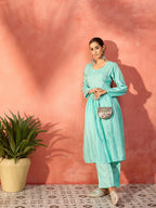 InWeave Mint Green Lurex Sweetheart Neck Short Kurta Pant Set
