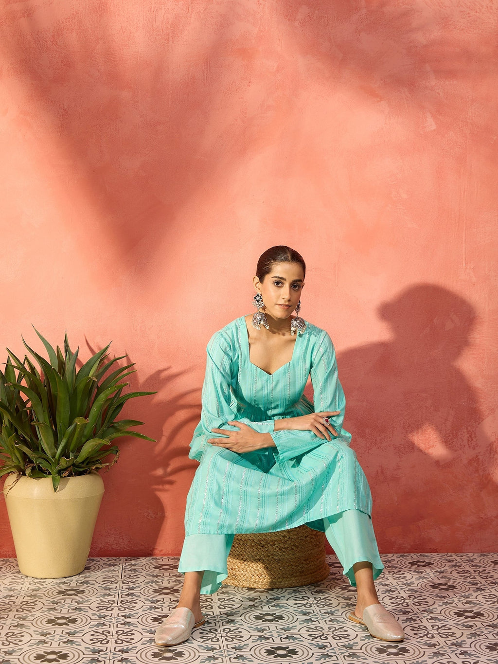InWeave Mint Green Lurex Sweetheart Neck Short Kurta Pant Set