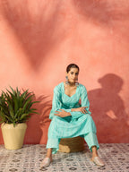 InWeave Mint Green Lurex Sweetheart Neck Short Kurta Pant Set