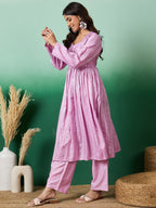 InWeave Lavender Lurex Sweetheart Neck Short Kurta Pant Set - Distacart