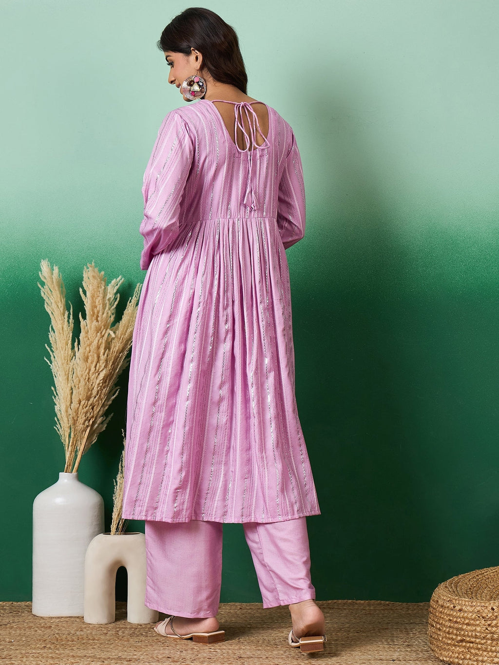InWeave Lavender Lurex Sweetheart Neck Short Kurta Pant Set - Distacart