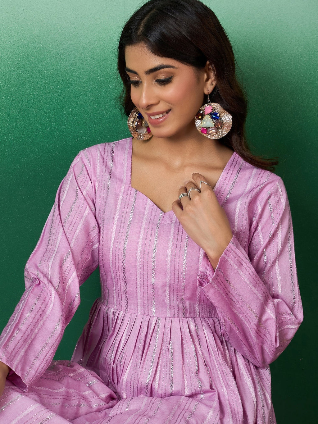 InWeave Lavender Lurex Sweetheart Neck Short Kurta Pant Set - Distacart