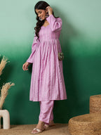 InWeave Lavender Lurex Sweetheart Neck Short Kurta Pant Set - Distacart