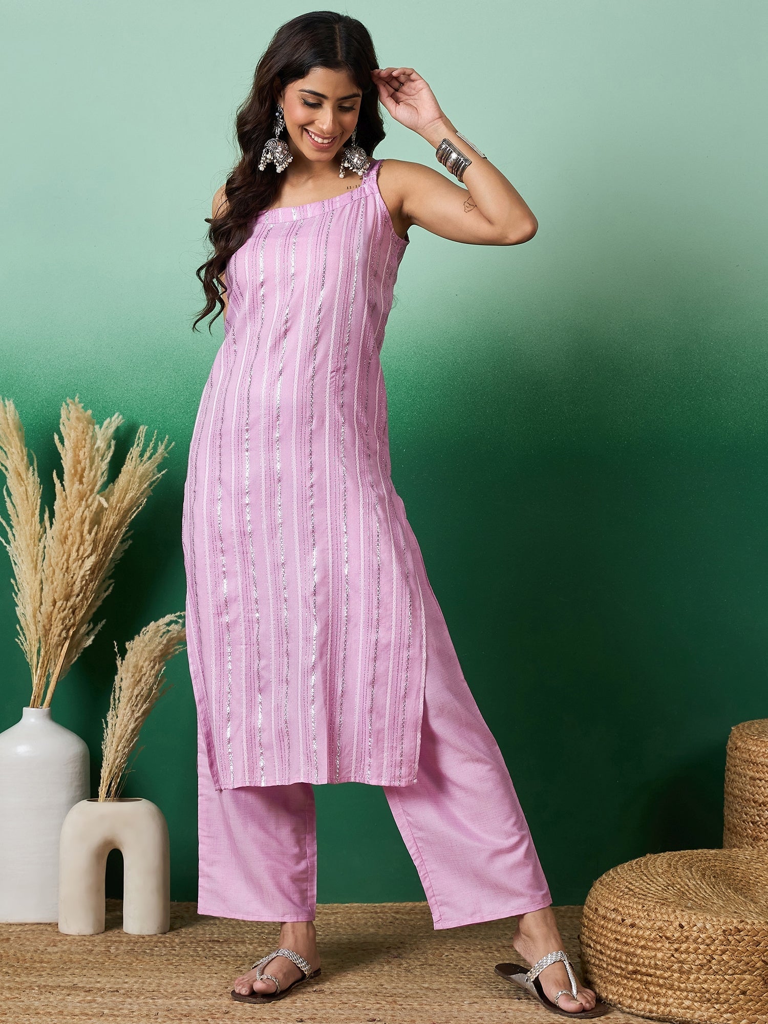 InWeave Lavender Lurex Thick Strappy Straight Kurta Pant Set - Distacart