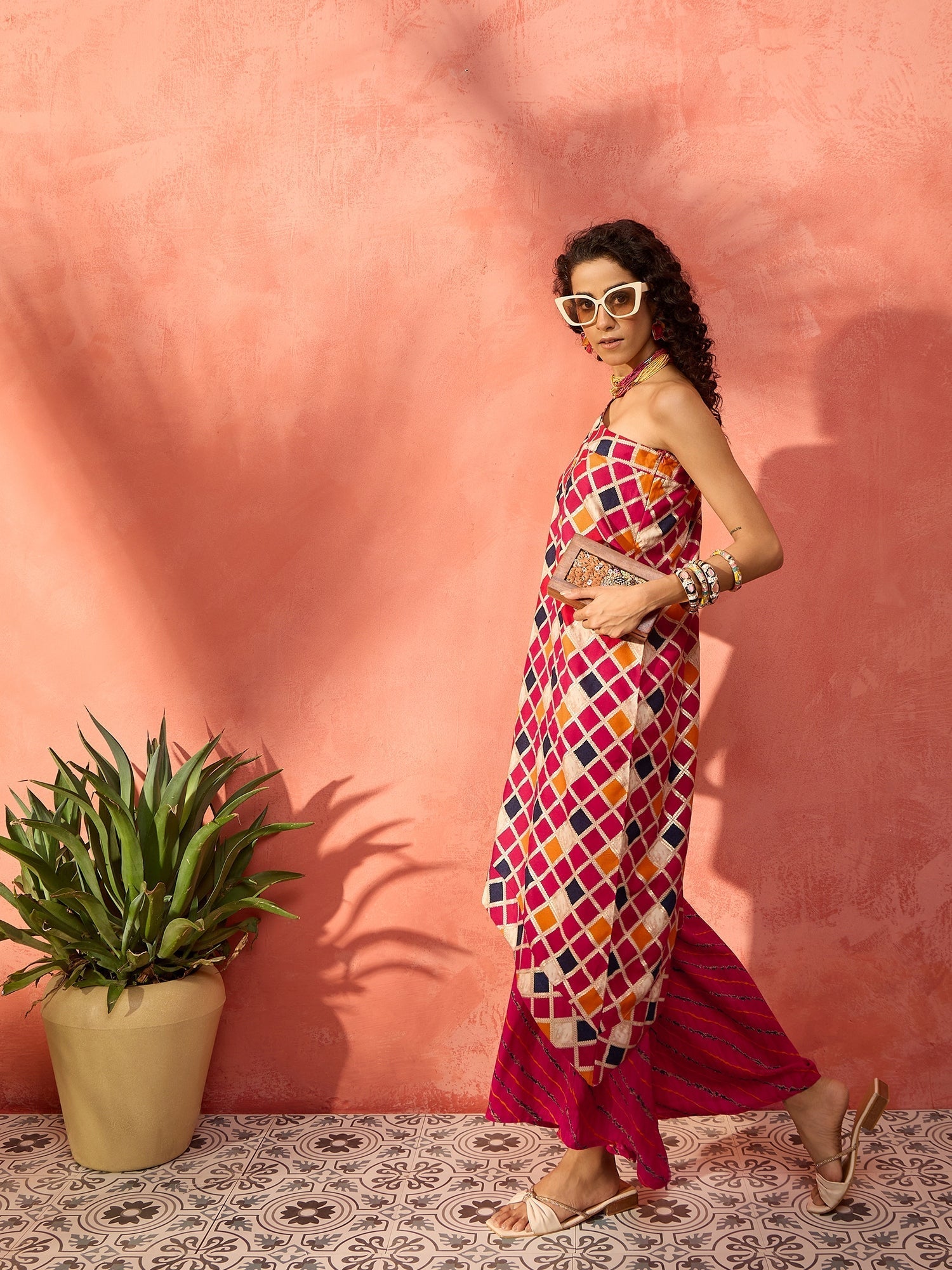 InWeave Fuchsia Multi Check Foil One Shoulder Leh Palazzo Set - Distacart