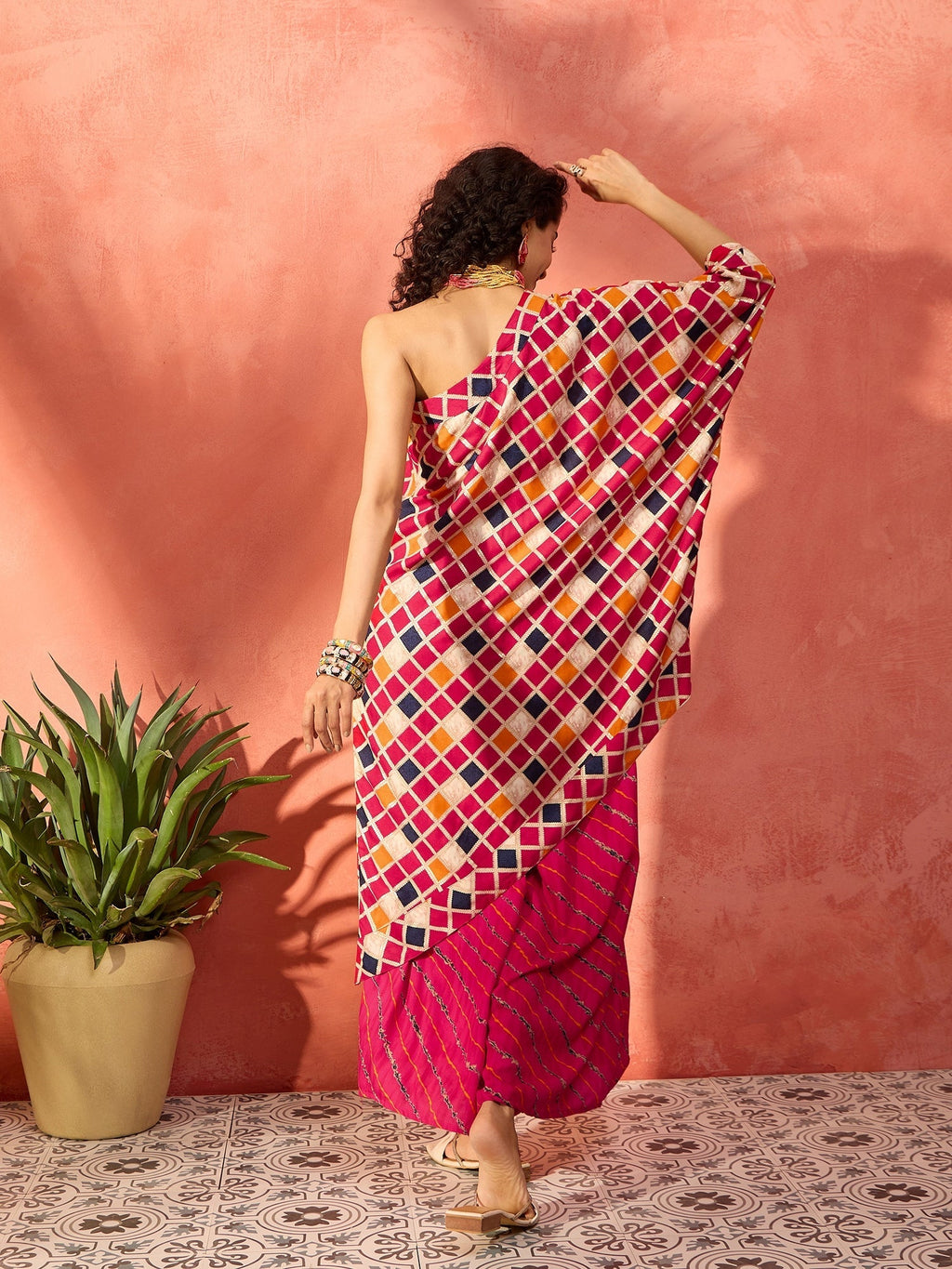InWeave Fuchsia Multi Check Foil One Shoulder Leh Palazzo Set - Distacart