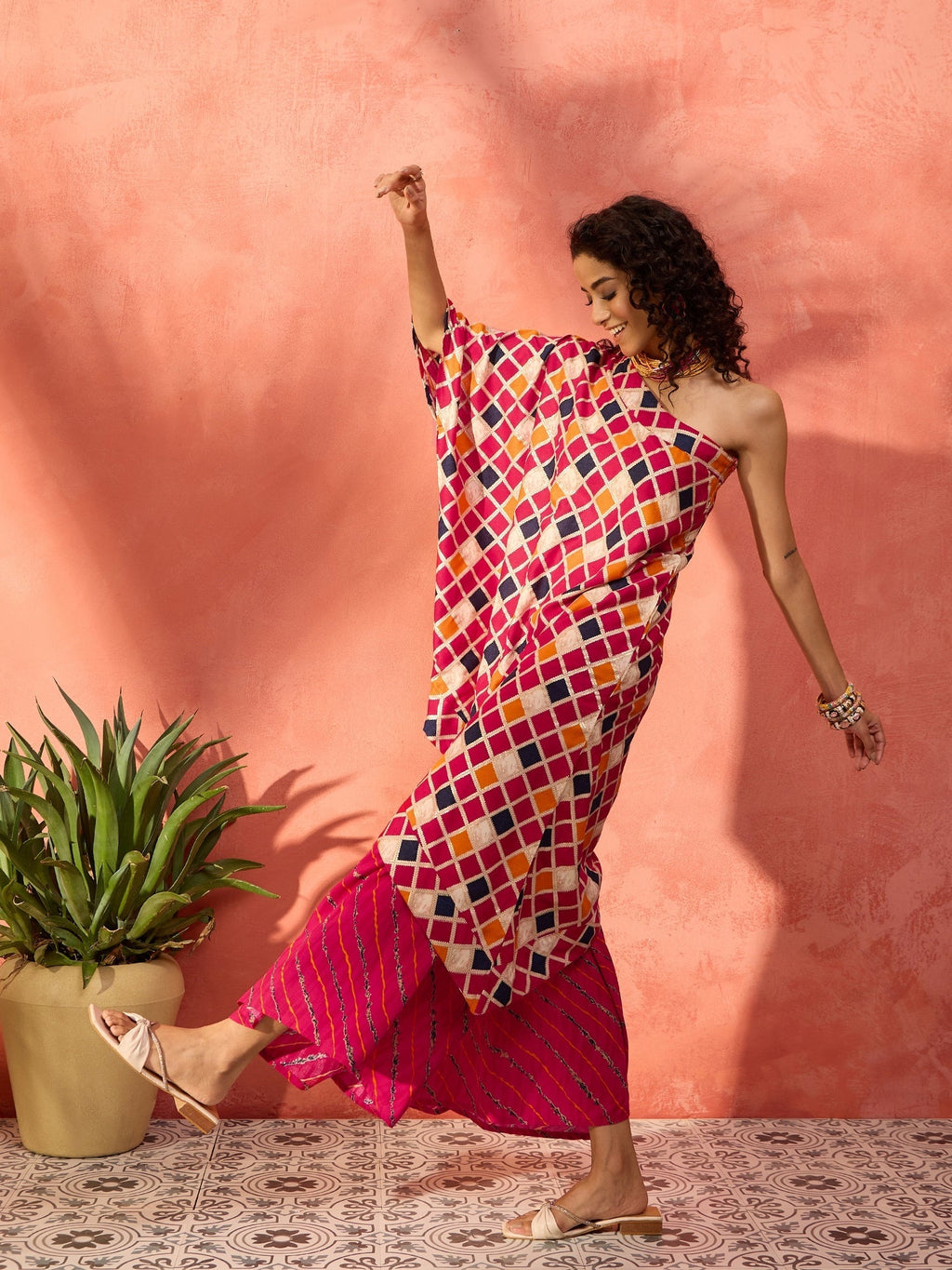 InWeave Fuchsia Multi Check Foil One Shoulder Leh Palazzo Set - Distacart