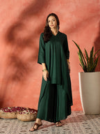 InWeave Dark Green Mandarin Neck High Low Kurta Set - Distacart